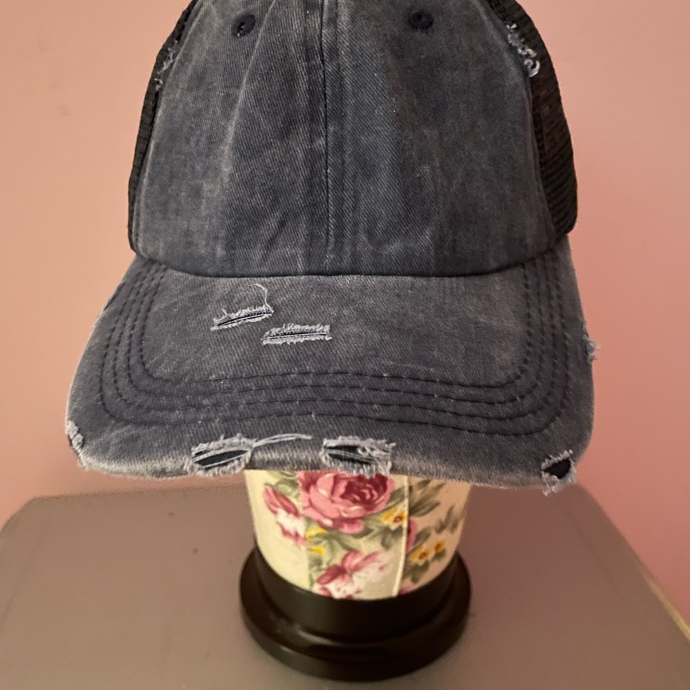 Distressed Denim Cap with Ponytail Opening